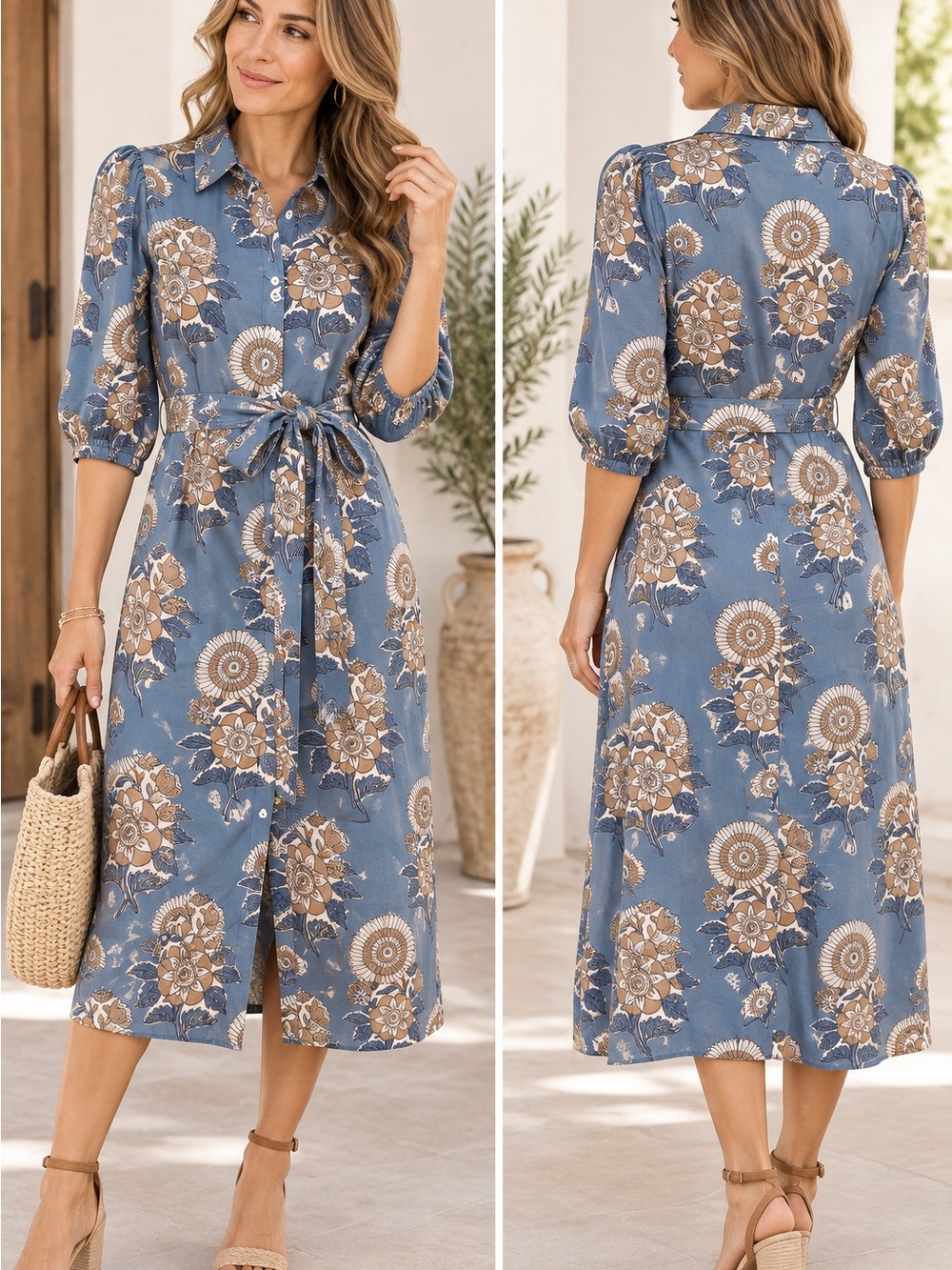 Victoria Dunn Blue Floral Tie-Waist Midi Dress